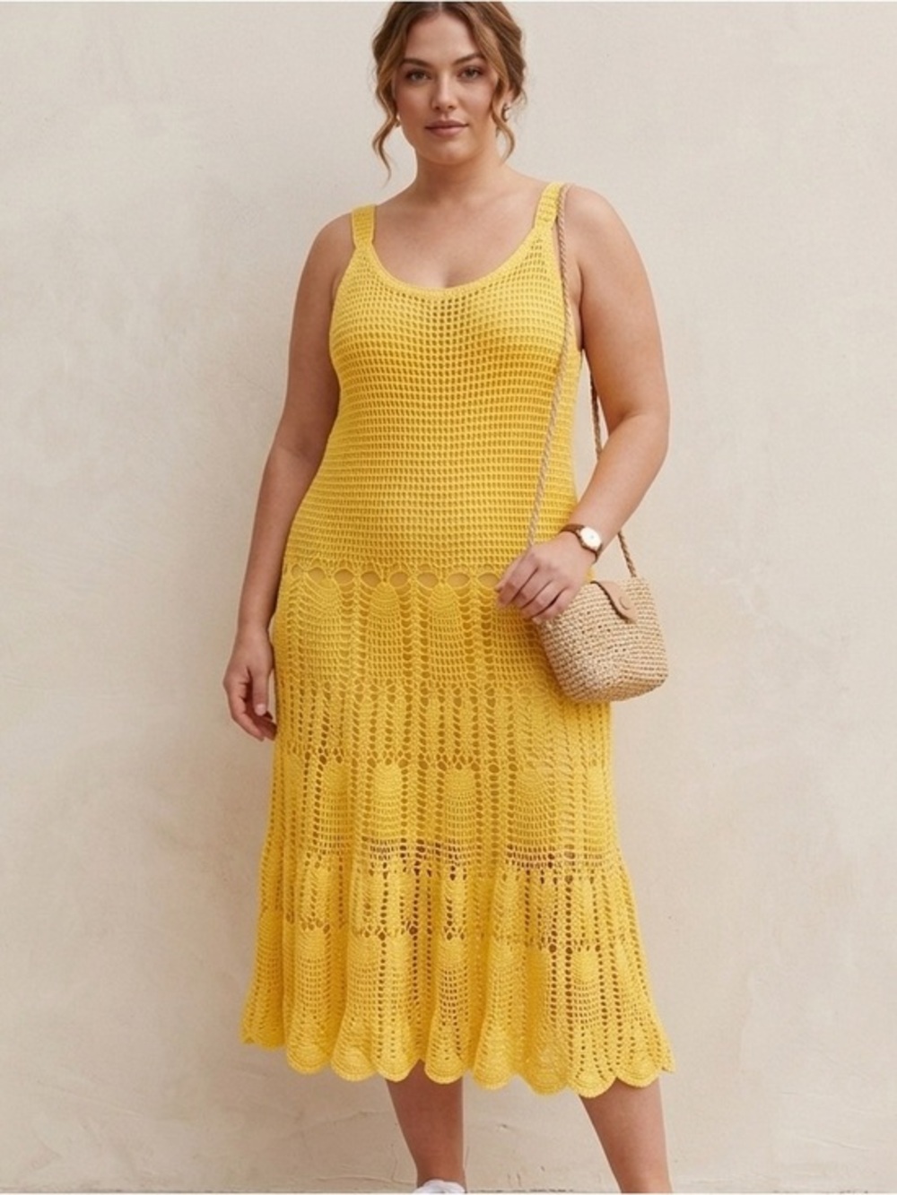 Midnight velvet yellow sleeveless crochet maxi dress. 2X.